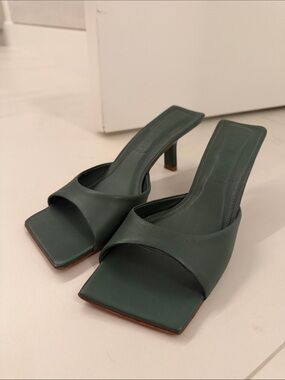 Square Open-Toe Mid-Heel Mules in Deep Green